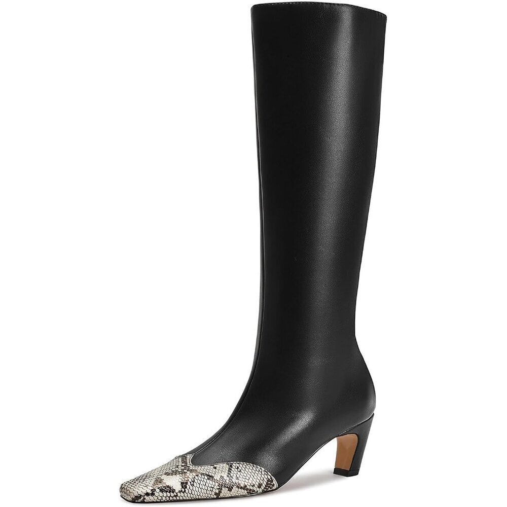 Women's Snack Black Kitten Heel Knee High Tall Square Toe Fashion Sexy Boots
